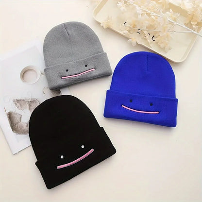 Embroidered Smile Knit Beanie – Stretchy Winter Hat