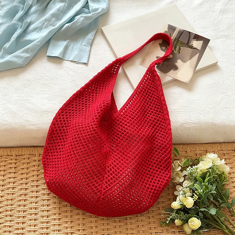 Women's Large Crochet Tote Bag – Hollow Knit Shoulder Handbag