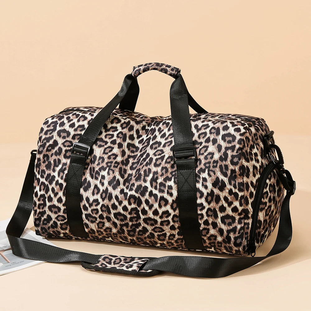 Leopard Print Women's Gym Travel Tote Bag with Shoe Compartment