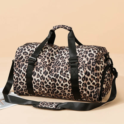 Leopard Print Women's Gym Travel Tote Bag with Shoe Compartment