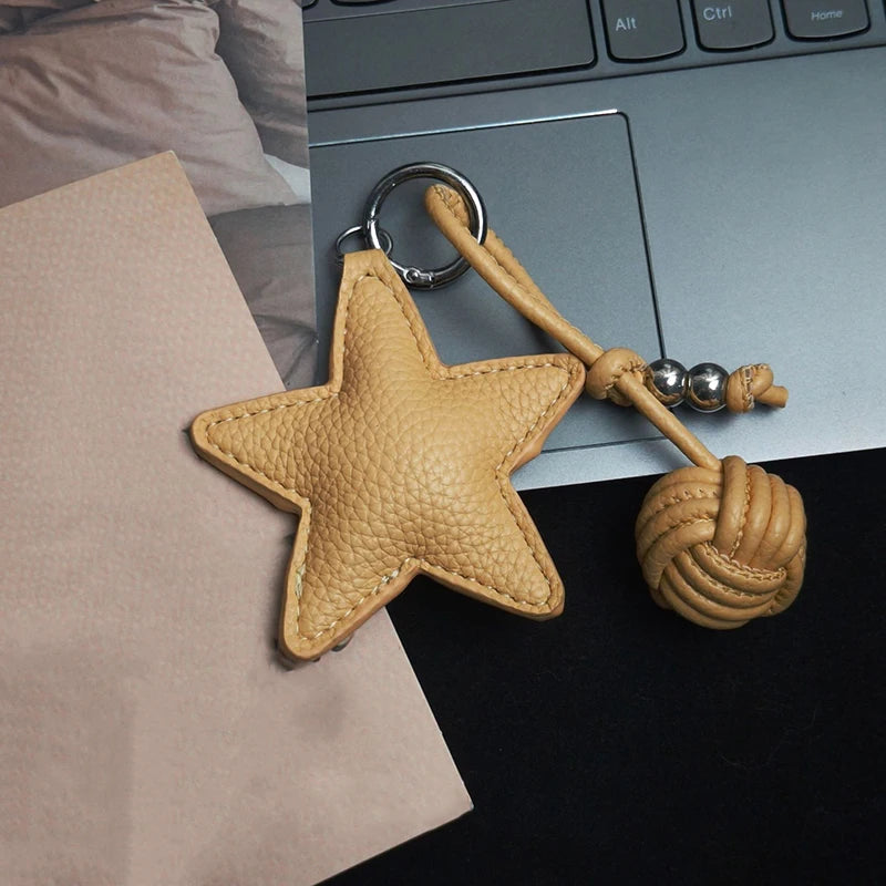 Star Leather Keychain Bag Charm with Woven Ball