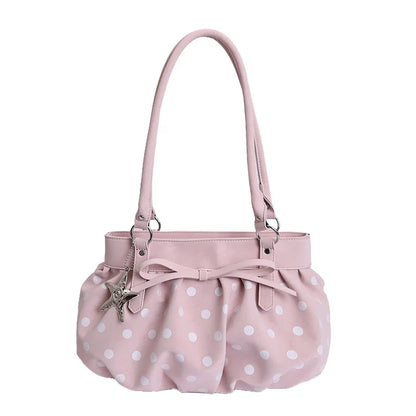 Polka Dot Ruched Shoulder Bag Star Pendant Women Bow Decor Large Capacity Hobo Retro Versatile