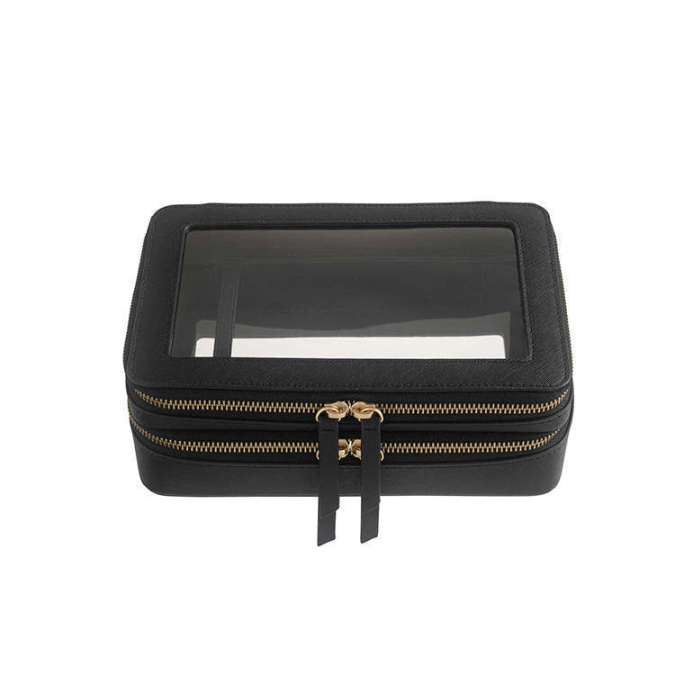 Transparent PVC Window Makeup Bag – PU Leather Travel Cosmetic Organizer