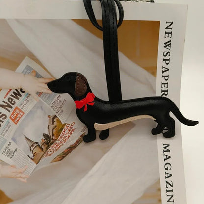 Dachshund Leather Bag Charm with Red Bow Tie – Cute Pet Lover Keychain