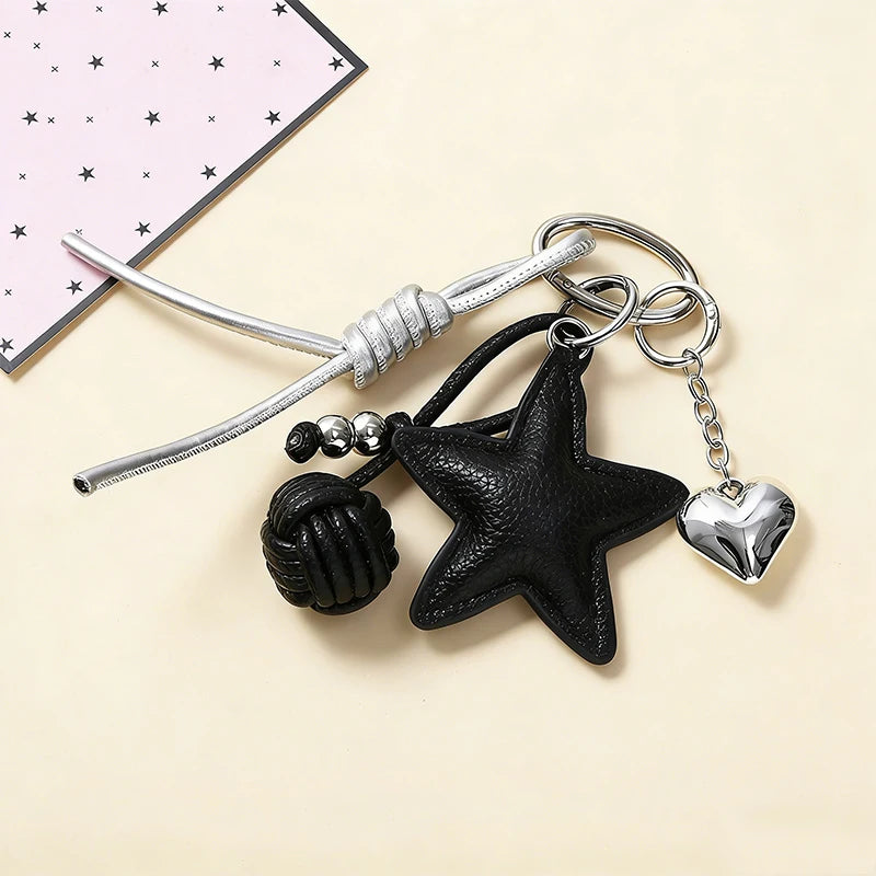 Star Leather Keychain Bag Charm – Cute Heart Pendant with Braided Tassel
