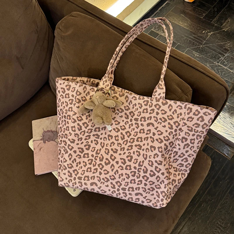 Leopard Print Canvas Tote Bag – Large Capacity Shoulder Bag for Women