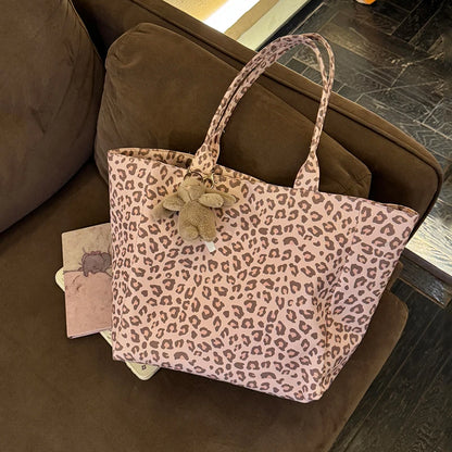 Leopard Print Canvas Tote Bag – Large Capacity Shoulder Bag for Women