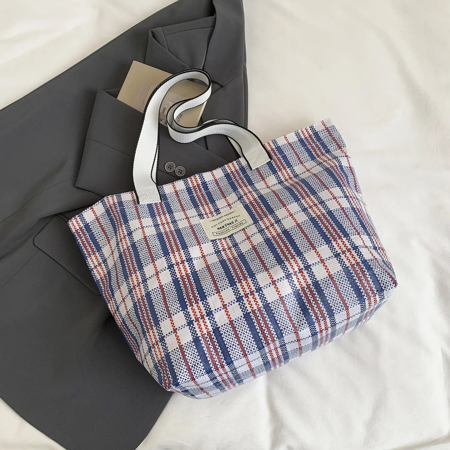Color Block Plaid Weave Tote Bag Large Capacity Durable Shoulder Multifunctional Woven Mom