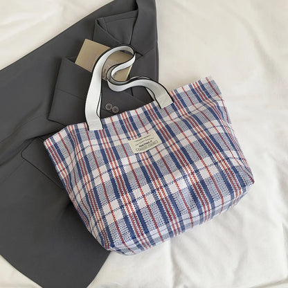 Color Block Plaid Weave Tote Bag Large Capacity Durable Shoulder Multifunctional Woven Mom