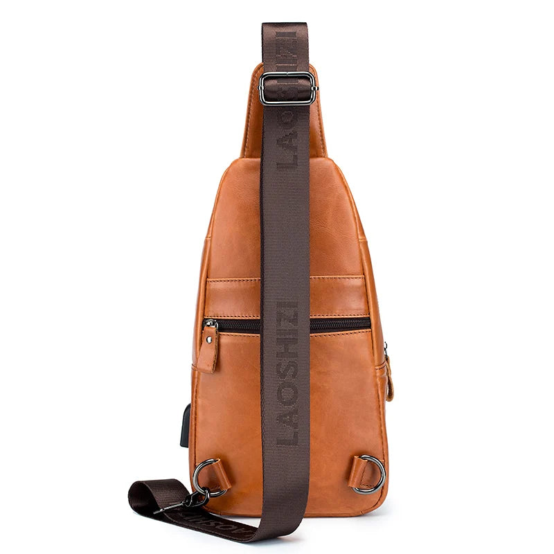 Men's Genuine Leather Sling Bag with USB Charging Port