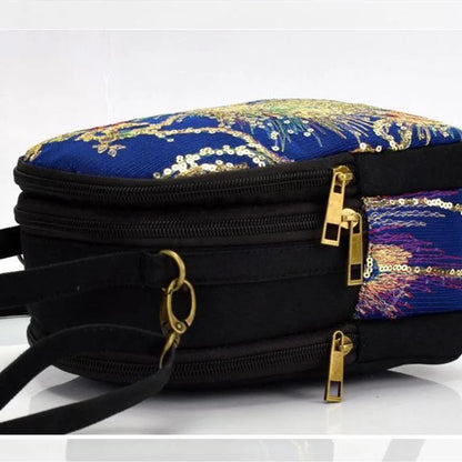 Embroidered Canvas Crossbody Bag – Vintage Peacock Sequin Satchel