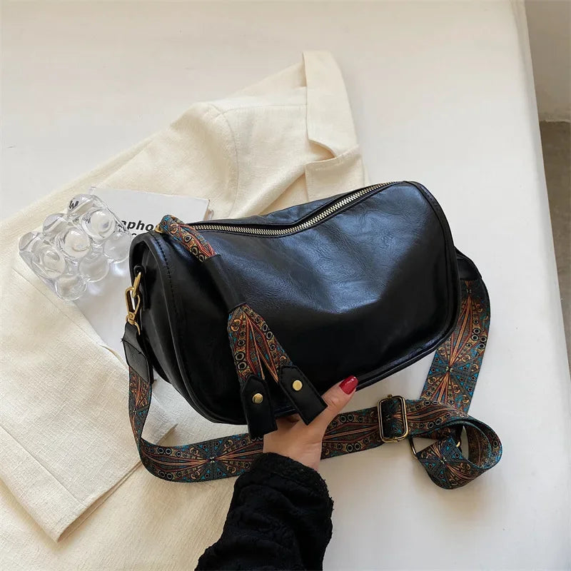 Vintage Leather Crossbody Bag – Pillow Style with Boho Printed Strap