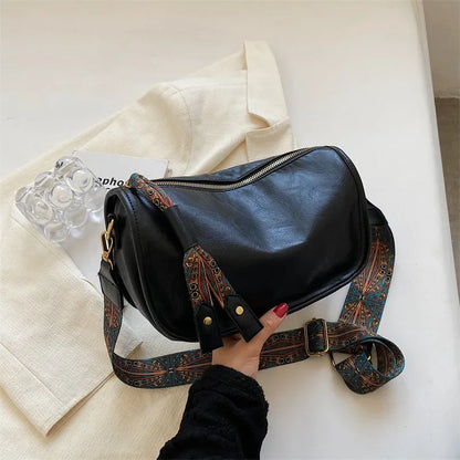Vintage Leather Crossbody Bag – Pillow Style with Boho Printed Strap