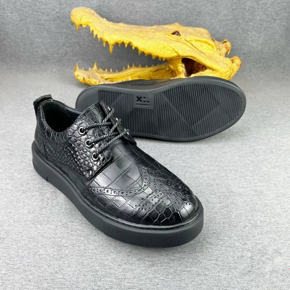 Crocodile Leather Oxford Sneakers for Men – Black Lace-Up