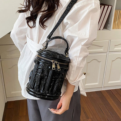3D Embossed Baroque Bucket Bag – Sculptural Cylinder Handbag