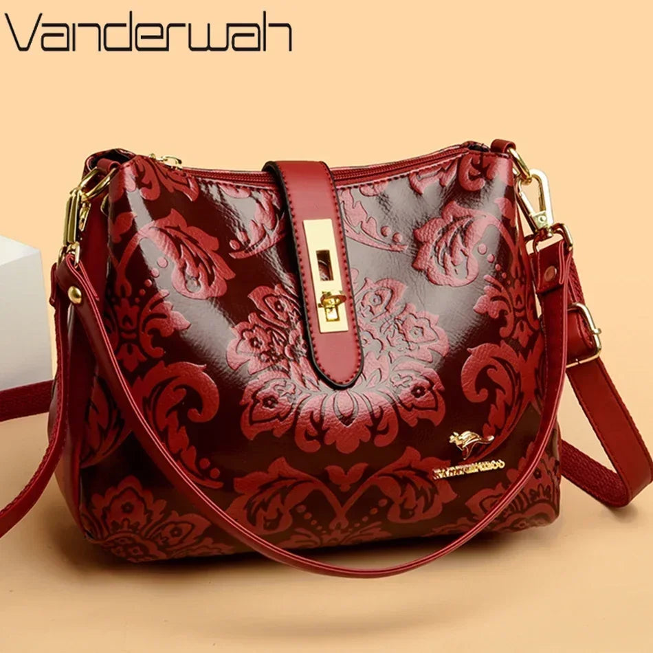 Floral Embossed Leather Women's Crossbody Shoulder Bag – 3-Layer Luxury