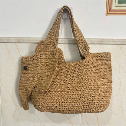Elephant Woven Straw Tote Bag – Women's Handcrafted Summer Shoulder Bag