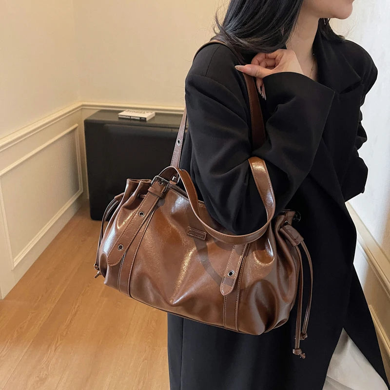 Moods Practical Big Shoulder Hobo Bags Women Soft Vegan Leather Drawstring Large Capacity Shopper