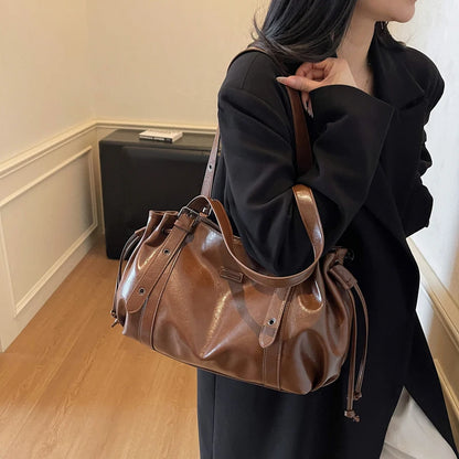 Moods Practical Big Shoulder Hobo Bags Women Soft Vegan Leather Drawstring Large Capacity Shopper