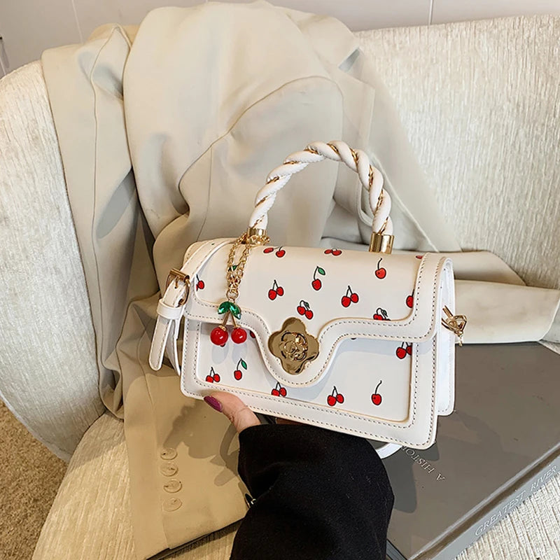 Cherry Print Crossbody Bag with Twisted Top Handle