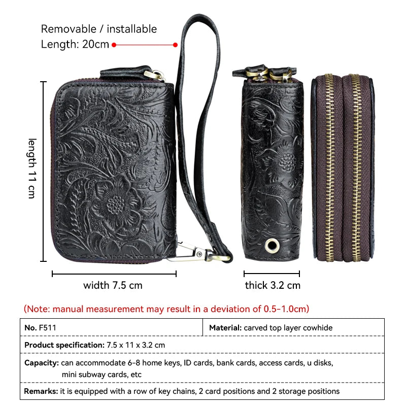 Genuine Leather Key Organizer Wallet – Floral Embossed Zipper Pouch with Wrist Strap
