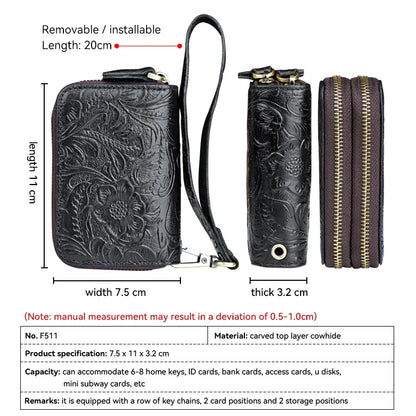 Genuine Leather Key Organizer Wallet – Floral Embossed Zipper Pouch with Wrist Strap