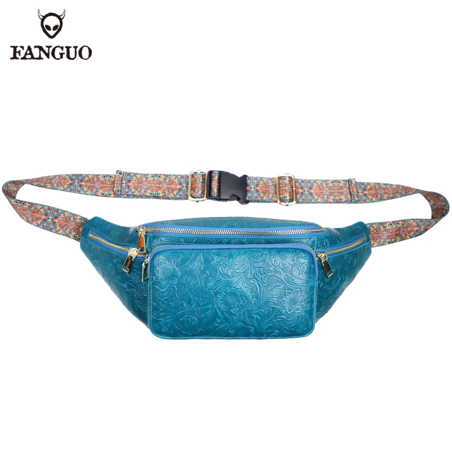 Genuine Leather Fanny Pack for Men – Floral Embossed Travel Waist Bag