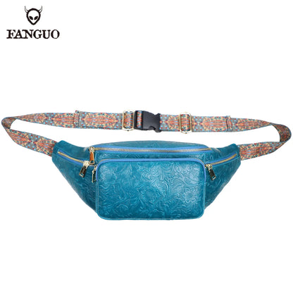 Genuine Leather Fanny Pack for Men – Floral Embossed Travel Waist Bag