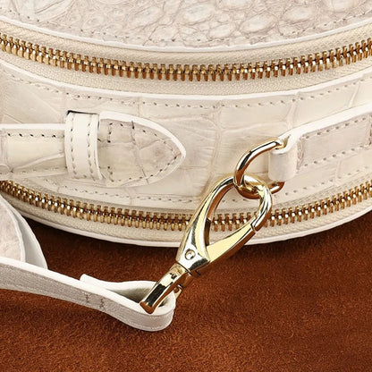 Crocodile Leather Round Bag – White Crossbody Handbag