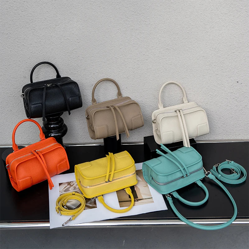 Genuine Leather Mini Boston Bag – Women's Luxury Top Handle Crossbody