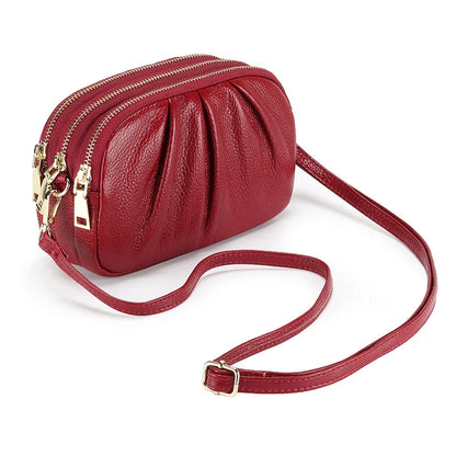 Genuine Leather Crossbody Bag – Multi-Zip Cowhide Shoulder Bag for Women