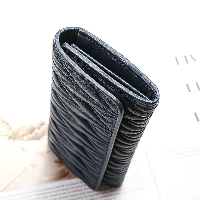 Genuine Sheepskin Leather Long Wallet for Women – Pleated Clutch Purse