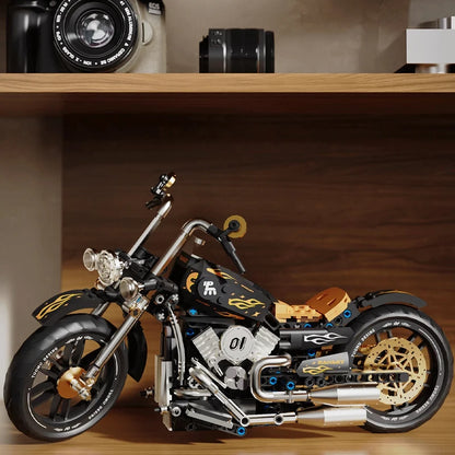 Retro Motorcycle Building Blocks Model – Black Chopper Brick Set