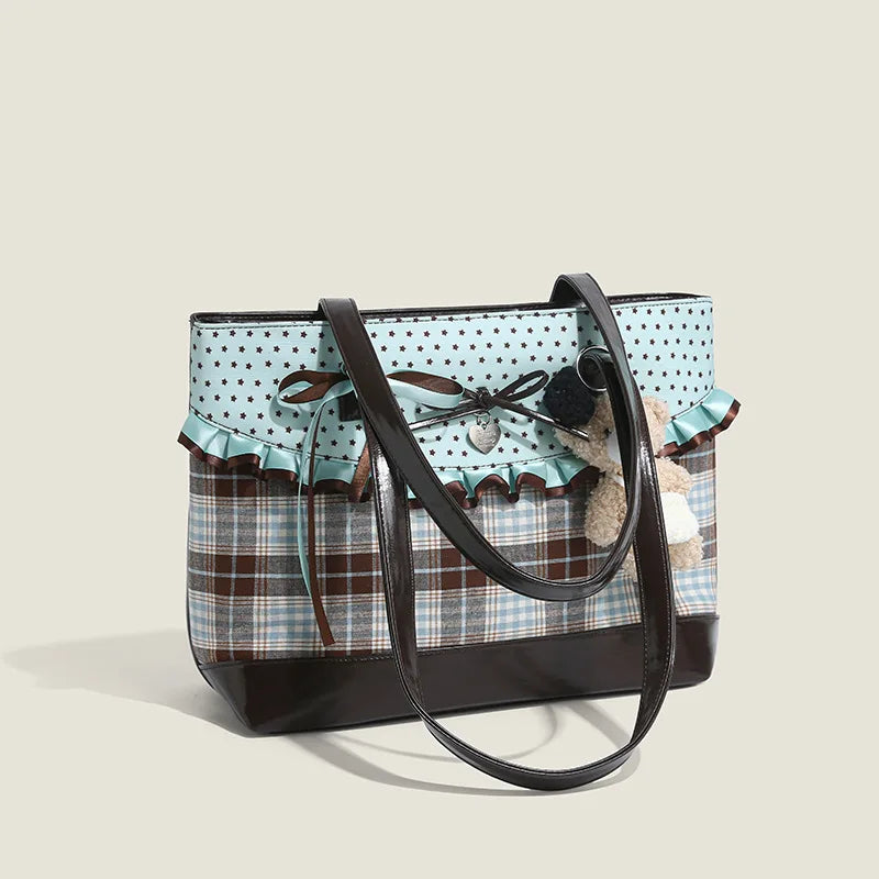 Mint Green Patchwork Bow Handbag – Plaid Canvas Tote Bag