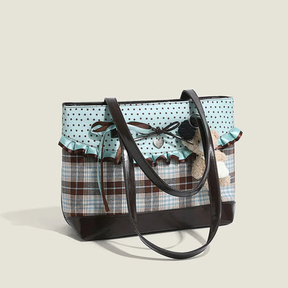 Mint Green Patchwork Bow Handbag – Plaid Canvas Tote Bag