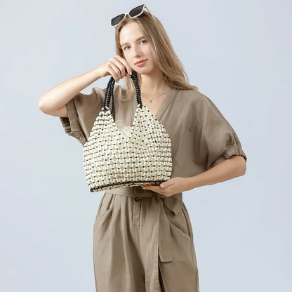 Wood Bead Tote Bag – Women's Handwoven Beach Handbag