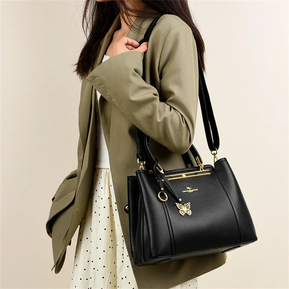 Luxury Leather Women's Handbag – 3-Layer Shoulder & Crossbody Tote