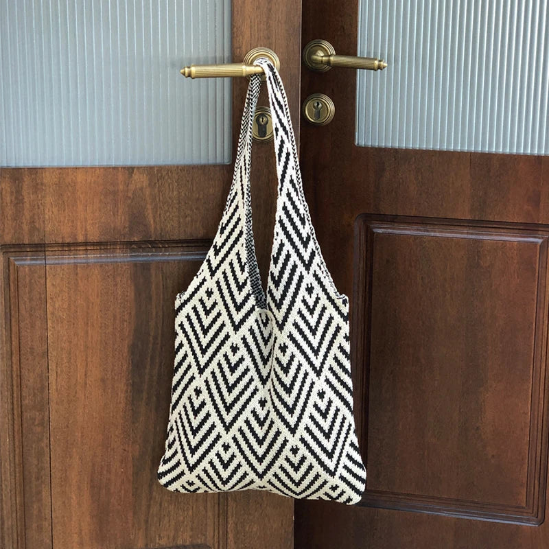 Knitted Tote Bag for Women – Boho Shoulder Bag with Phone Pouch