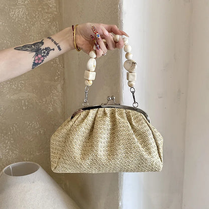 Kiss Lock Clutch Bag – Vintage Woven Beaded Handle Handbag