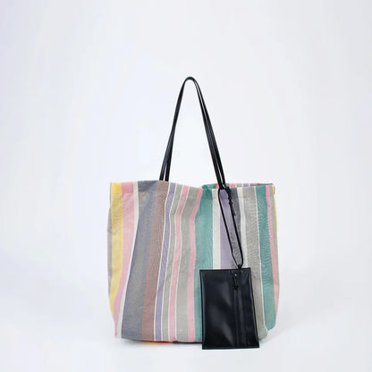 Rainbow Striped Tote Bag – Designer Shoulder Bag with Card Holder
