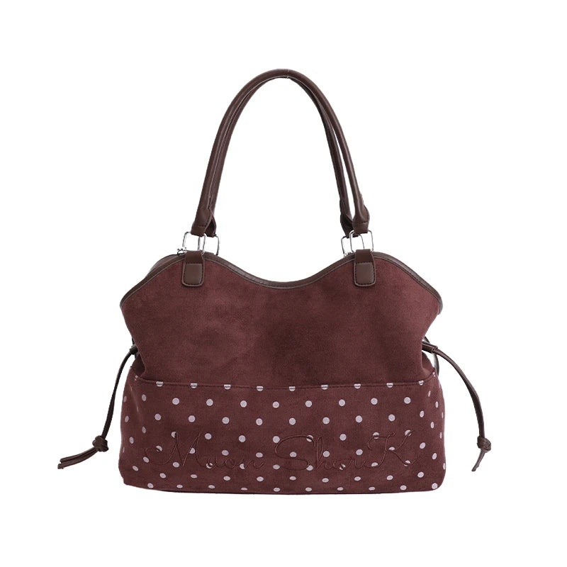 Vintage Polka Dot Tote Bag with Charm – Large Capacity