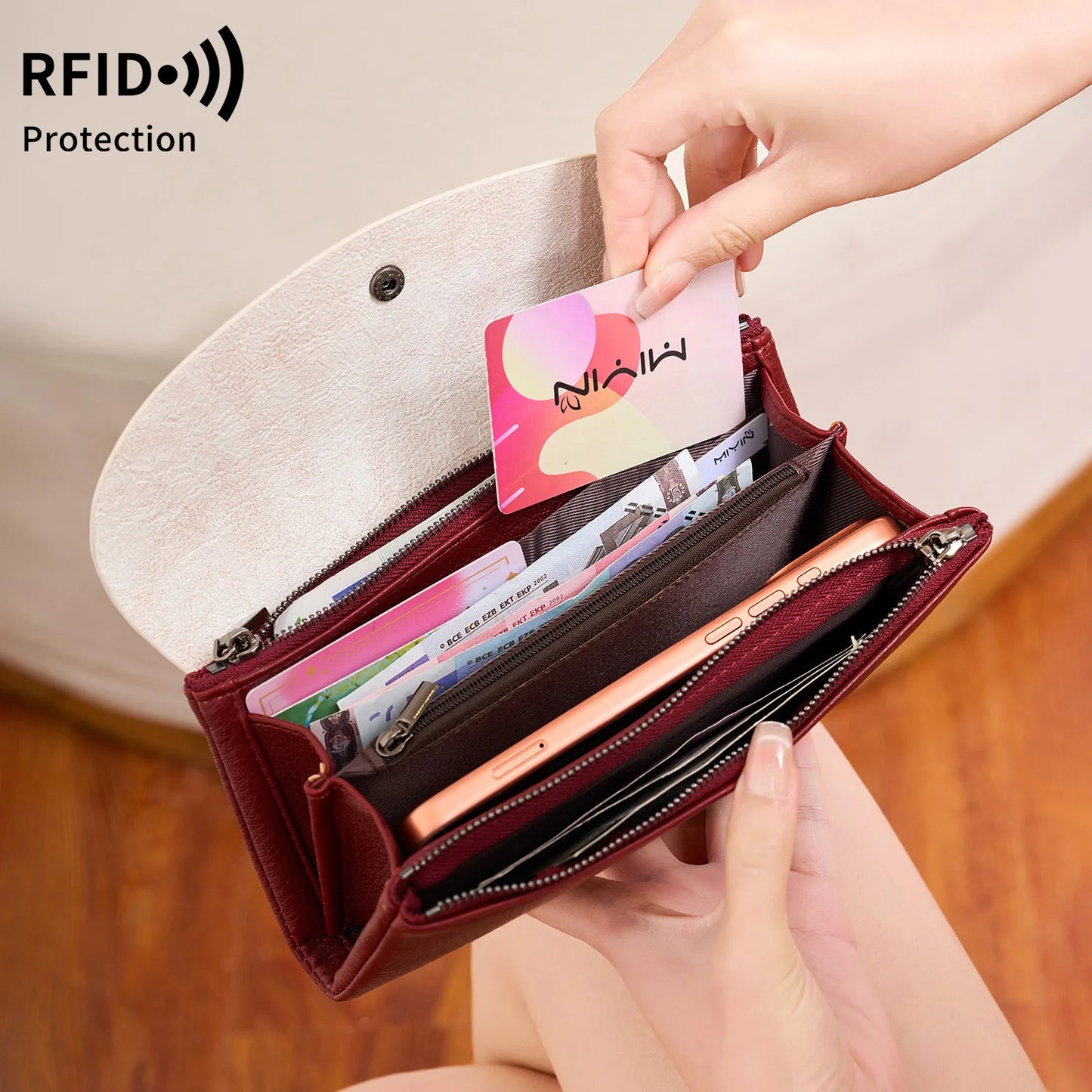 RFID Blocking Women's Wallet – Contrast Color Lychee Pattern Double Zipper Purse