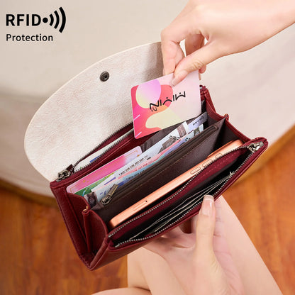 RFID Blocking Women's Wallet – Contrast Color Lychee Pattern Double Zipper Purse