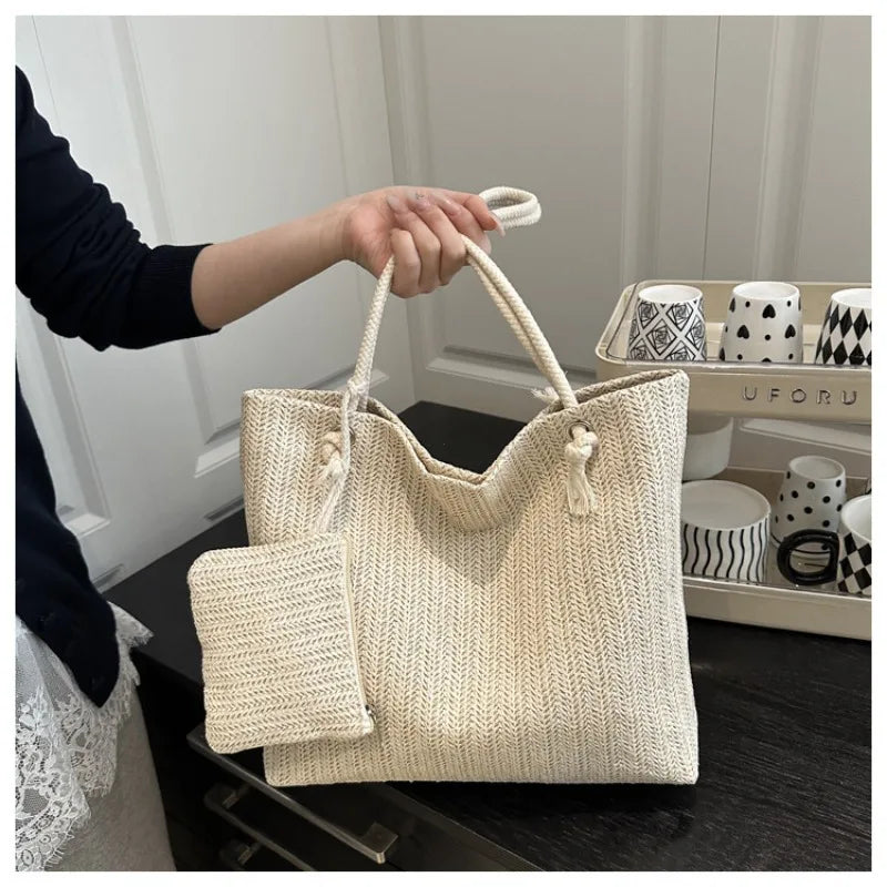 Large Capacity Woven Straw Tote Bag – Retro Shoulder Handbag with Pouch