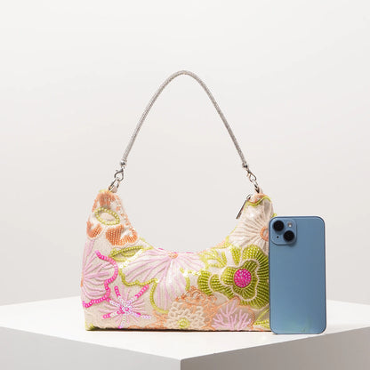 Sequin Floral Embroidery Shoulder Bag – Evening Clutch