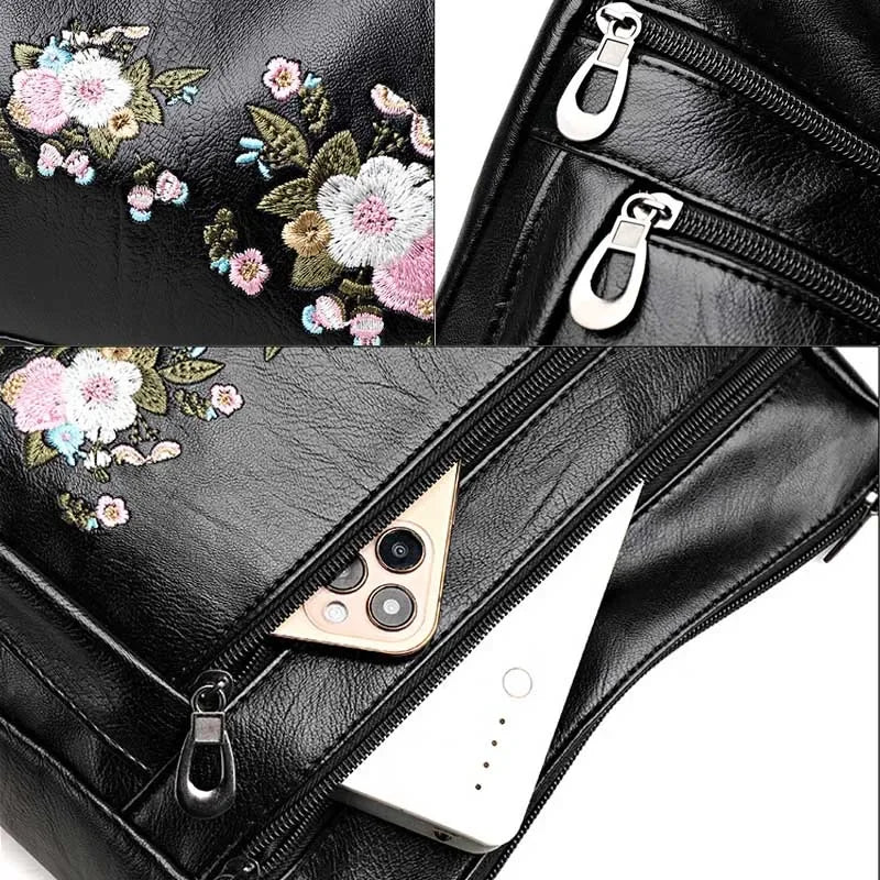 Flower Embroidery Crossbody Bag for Women – Luxury Multi-Pocket PU Leather Handbag