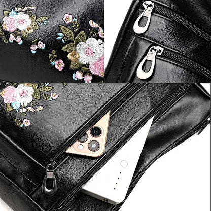 Flower Embroidery Crossbody Bag for Women – Luxury Multi-Pocket PU Leather Handbag