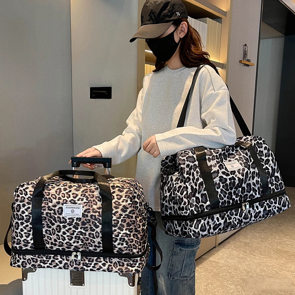Leopard Print Gym Duffle Bag with Shoe Compartment