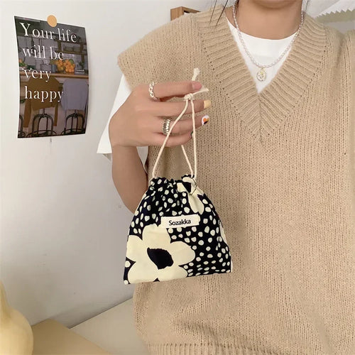 Kawaii Floral Drawstring Pouch – Cute Cosmetic & Coin Purse Bag