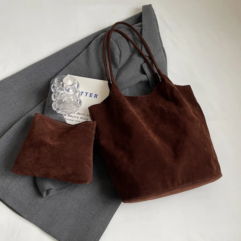 Suede Tote Bag – Women's Retro Large Shoulder Bag with Pouch